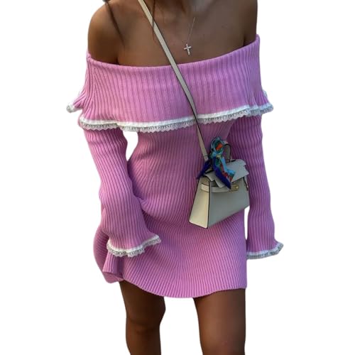 Image of chouyatou Women's Off The Shoulder Bell Long Sleeve Sweater Mini Dress Lace Trim Bodycon Ribbed Knit Sweater Dress