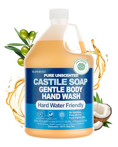 FLOWHYET EWG Verified Pure Castile Soap Liquid Unscented 1 Gallon Refill