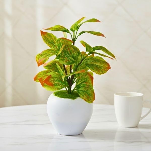 Image of fancymart Artificial Plant Leaves in Apple Pot (30 cm Height) | Small Potted Plant for Office Desk | Home Decor for Living Room | Cafe & Restaurant Table Decoration