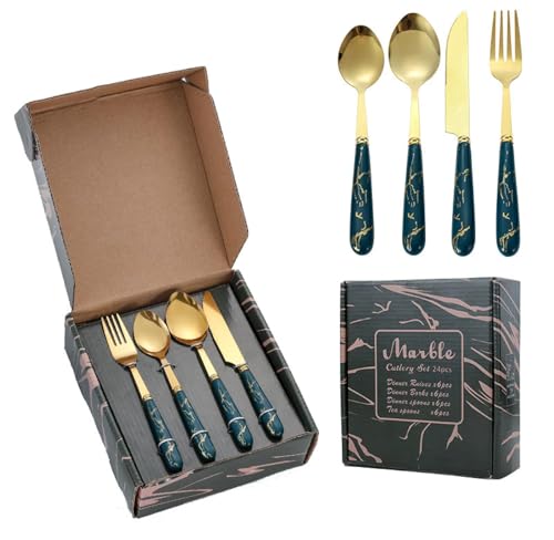 Cuillère à dessert et fourchette au manche marbré pour offrir - 2