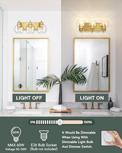 Image of Bathroom Light Fixtures, 3-Light Brushed Gold Vanity Light, Modern Wall Sconces with Clear Glass Globe Shade, Bathroom Wall Lights for Mirror Kitchen Bedroom Hallway Living Room, VL195-GD-3