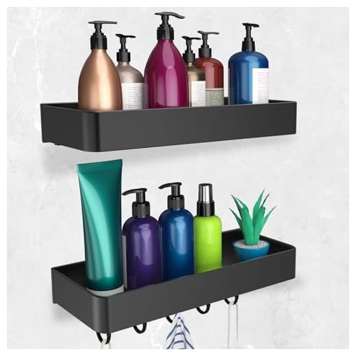 Vexillic Estanteria Ducha Negro, 2 Piezas Estanteria Baño Sin Taladro 30cm Aluminio Estanteria Ducha Autoadhesivo con 5 Ganchos para Baños Cocinas Salas de Estar