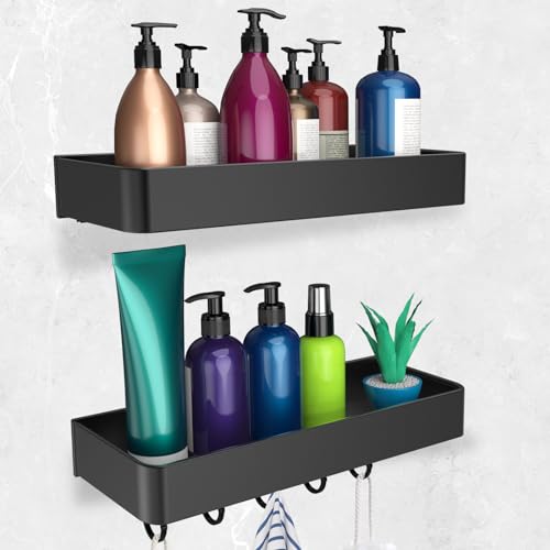 Vexillic Estanteria Ducha Negro, 2 Piezas Estanteria Baño Sin Taladro 30cm Aluminio Estanteria Ducha Autoadhesivo con 5 Ganchos para Baños Cocinas Salas de Estar