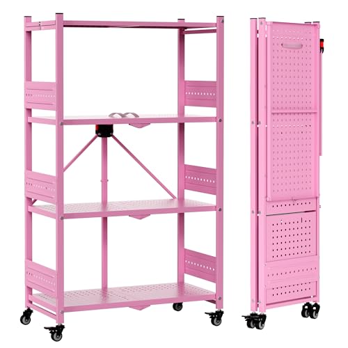 Image of WORKPRO 4-Tier Folding Shelf, No-Assembly Metal Storage Rack with Wheels, 600 lbs Capacity (with Leveling Feet), Collapsible Shelving Unit for Kitchen, Pantry, Closet & Craft Shows - Pink