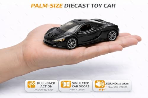 Image of 1:36 Scale McLaren 720S Toy Car - Die-Cast Metal Pull Back Vehicle with Openable Doors, Lights & Music - Sports Model for Kids, Boys & Collectors (Black)