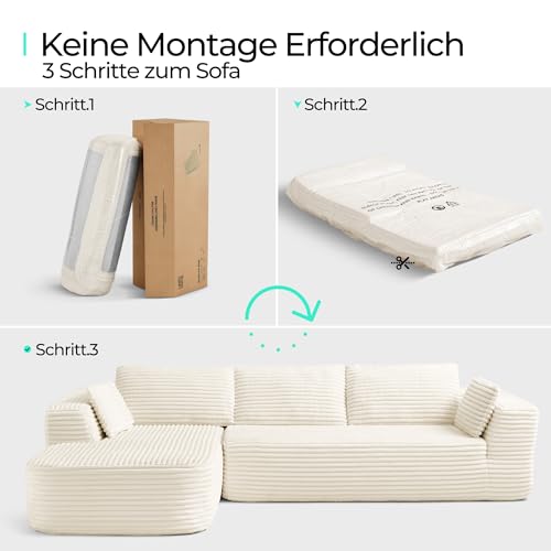 LINSY HOME Ecksofa mit Schlaffunktion - 270cm Corduroy Modulares Schlafsofa, L Form Couch, Sofa 3 Sitzer mit Ottomane, Sektionssofas für Wohnzimmer, Keine Montage erforderlich, Beige