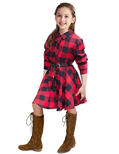 Luckyshe Girls Check Dress Long Sleeve Holiday Buffalo Plaid Shirt Dresses With Tassel Belt,Black And Red,10-12 Years #TOP1
