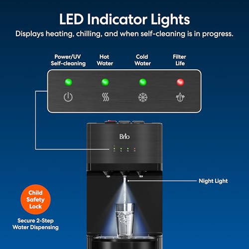 Image of Brio Bottleless Water Cooler Dispenser w / 4-Stage Filters (Included) removes PFAS & Microplastics for Clean Drinking Water, NSF Certified | 3 Temp (Hot, Room, Cold) w /Child Safety Lock & LED Display