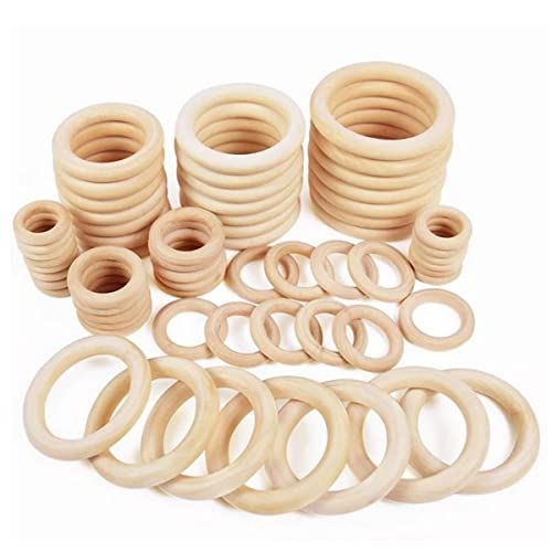 PONGJA 40 Pieces Nature Wooden Rings, 8 Sizes Unfinished Wood Rings for Crafts Macrame Rings Wood Circles for DIY Craft, Ring Pendant and Connectors Jewelry Making