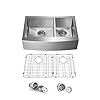 KIBI 33 Inch Handcrafted Farmhouse Apron Double Bowl Real 16 gauge Stainless Steel Kitchen Sink with Strainer and Grid K1-DF33