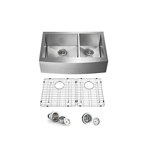 KIBI 33 Inch Handcrafted Farmhouse Apron Double Bowl Real 16 gauge Stainless Steel Kitchen Sink with Strainer and Grid K1-DF33