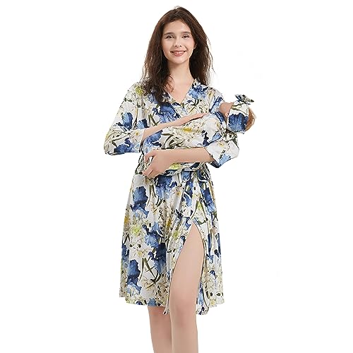 Image of Galabloomer Maternity Robe and Receiving Blanket, Matching Mommy Labor Delivery Robe and Swaddle Set (m, blue white)