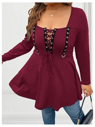 Image of SOLY HUX Women's Plus Size Peplum Tops Lace Up Square Neck Long Sleeve Ruffle Hem Tee Flowy Casual T Shirt