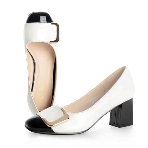 Ann Creek Women's 'Angela' White Pump Shoes Chunky Heel Pumps Square Toe Block Heel Pumps Low Heel Pumps Ladies Two Tone Dress Pump Shoes Office Formal Shoes White Heels White Size 9.5 #TOP6