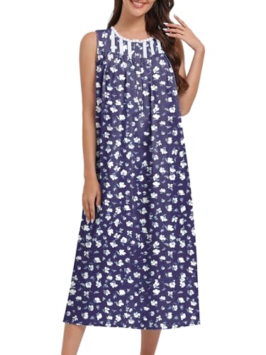 FMIRREO Cotton Nightgowns for Women Sleeveless Tank Night Gown Soft House Dress Ladies Long Nightdress Royal Blue White Flowers Large - image 1