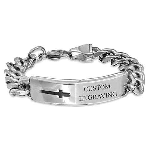 Bling Jewelry Personalized Religious Side Cross Identification Name Plate Curb Cuban Link ID Bracelet Stainless Steel Custom Engraved