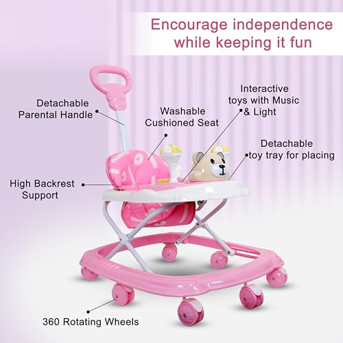 Image of Baby Walker for 6-18 Months Baby with Music, Detachable Parental Push Handle, Adjustable Height, Foldable Baby Walker for Boys & Girls, Anti-Fall Safety Design, Comfortable Seat (Baby Pink)