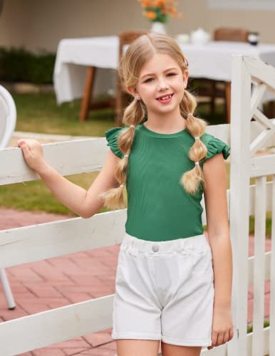 Image of Flypigs Girls T Shirts Ruffle Sleeve Summer Casual Ribbed Knit Crewneck Tee Tops Blouses
