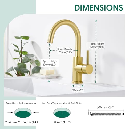 CREA Wasserhahn Küche, 360° Drehbare Küchenarmatur für Kleine Küche, Mischbatterie für Küche oder Bad, Armatur Küche mit Hohem Auslauf, Gold