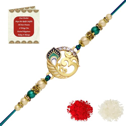 Image of Riddhika Ventures Alluring Gold Plated Om and Pearl Rakhi with Roli Chawal & Greeting Card for Men (P8)