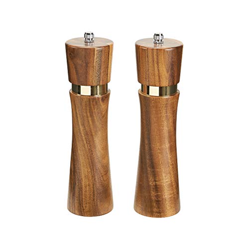 Acacia Wood Manual Salt And Pepper Grinder Set, 8 Inches Refillable Pepper And Salt Mill Set, Salt Grinder Pepper Mill With Adjustable Coarseness, For Restaurant Hotel By Deerlet (2Pcs,Wood-Gold) #TOP2
