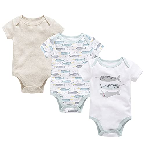 12m Boy 3pc Infant Boys Girls Short Sleeve Fish Print Romper Newborn Daily Wear Bodysuits Soft and (Grey, 0-3 Months)