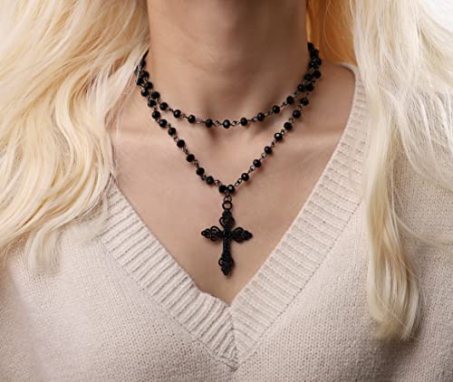 Sacina Gothic Layered Cross Choker Necklace, Black Bead Cross Choker, Gothic Emo Grunge Necklace, Costume Jewelry, Halloween Christmas Jewelry Gift for Women2