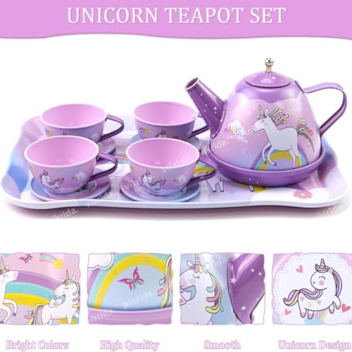 Image of VikriDA 48Pcs Tea Set, Kids Pretend Toy Tin Tea Set and Carrying Case,Rainbow Magic Unicorn Design for Girls Princess Boys 3-6