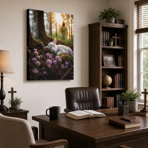 Image of Jesus and Lamb Canvas Wall Art Jesus Runs for the Lost Sheep In Spring Forest Picture Wall Art Canvas Print Christian Home Decor 24x30 inch