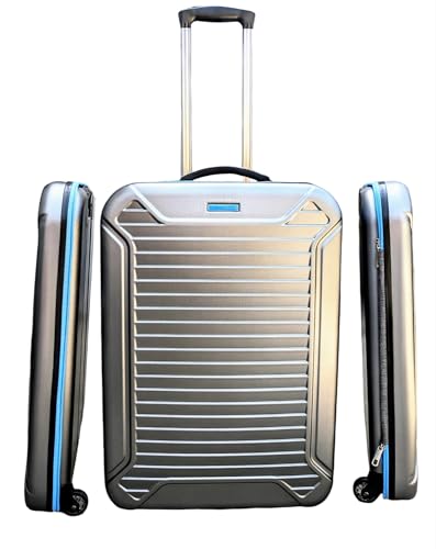 Collapsible luggage with hard shell front and back light weight silent rubber coated wheels 24 inch medium checked suitcase. (blue zipper)