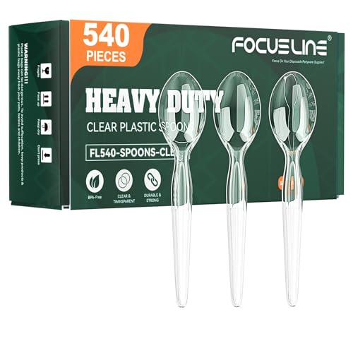 FOCUSLINE 540 Count 6.2 Inch Clear Plastic Spoons Heavy Duty Solid and Durable Premium Disposable Spoons Bulk Suitable for Catering Parties Events and Everyday Use