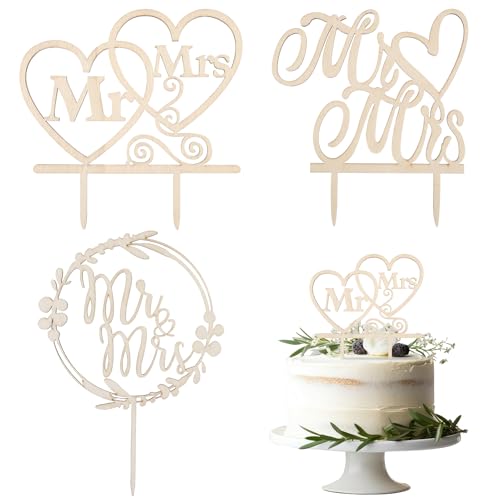 Xialvyu 3 Stück Cake Topper Mr & Mrs für Hochzeit und Tortendeko, Holz Kuchen Deko für Verlobung, Antrag & Jubiläum