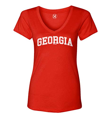 Georgia - State School University Sports Ladies V-Neck T-Shirt (Red, Medium)