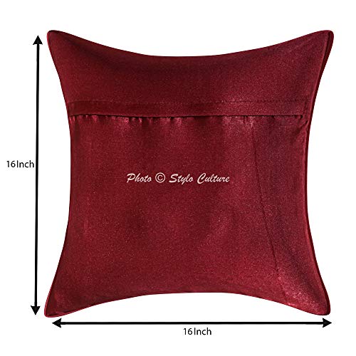 Image of Decorative Brocade Cushion Covers 16 Inch x 16 Inch Banarasi Jacquard Maroon & Gold Drawing Room Peacock Square Festive Decor 40x40 cm Zippered Sofa Settee Pillowcases -Set of 5 Pcs