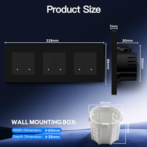 BSEED Tripel Smart Zigbee Schalter mit Steckklemme,Smart Lichtschalter Funktioniert mit Alexa & Google Home,Timing-Funktion, PC Rahmen,Zigbee Hub & Neutralleiter Erforderlich,2 Fach 1 Weg,Schwarz