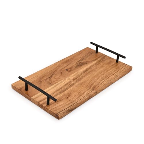 Indus Lifespace Platter Acacia Wood Serving Platter with Iron Handles Platter for Vegetables, Fruits, Cheese, and Charcuterie for Ottoman, Kitchen, Packaging (14 X 8" X 1.75")