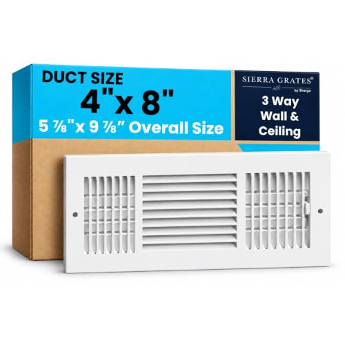 Sierra Grates 8 x 4 White Sidewall & Ceiling Register 3 Way – Steel Air Vent Cover, HVAC Supply Grille for Wall or Ceiling, Fits 8 x 4 Duct Opening, Heavy Duty Register
