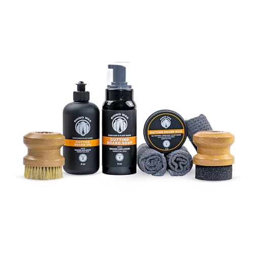 Comparison: Best Cutting Board Care Kit 8 Rhino Wax Cutting Board Ultimate Care Kit - Includes Cutting Board Oil, Cutting-Board Wax, Foaming Soap Cleaner, Applicator, Scrub Brush, 3 Microfiber Cloths - All Natural Ingredients - Made in USA
