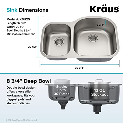 Image of KRAUS Premier 32-inch 16 Gauge Undermount 60 /40 Double Bowl Stainless Steel Kitchen Sink, KBU25