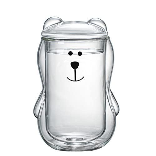 Double Walled Bear Glass Coffee Mug with Lid 14oz Cute Standing Bear Borosilicate Glass Mug for Coffee Tea Milk Beer Insulated Glass Espresso Cup Creative Birthday Gifts for Kids Adults (Clear)