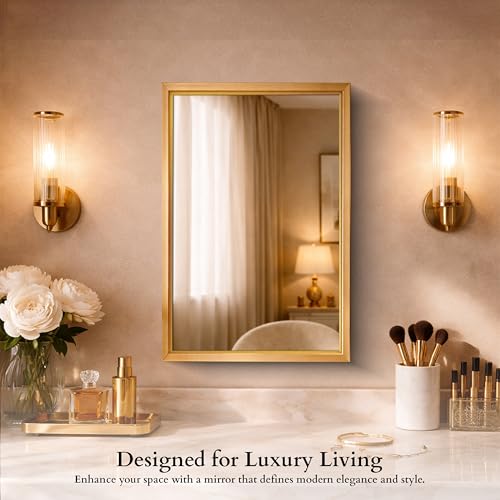 Image of Rousrie Premium Framed Glass Wall Mount Mirror, Decorative, for Bathroom, Bedroom, Living Room, Dressing Room, Wash Basin and Entryway (18 by 24 Inch) (Light Brown)