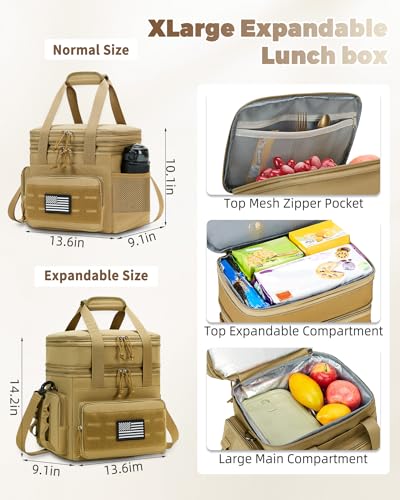 Image of Tactical Lunch Bag & Lunch Box for Men - Large Double Deck Expandable Insulated Soft Adult Lunchbox for Work - Cooler Bag for Beach, Picnic, Camping,Outdoor,Travel (Brown,23L)