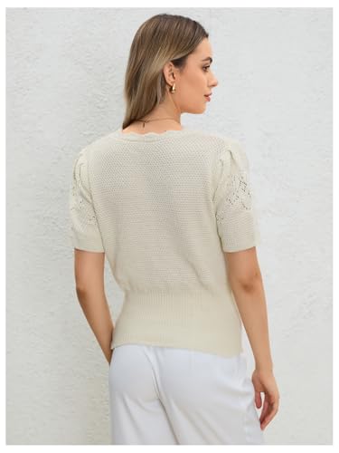 Verdusa Women's Puff Short Sleeve Knit Top Crew Neck Distressed Pullover Lightweight Sweaters2