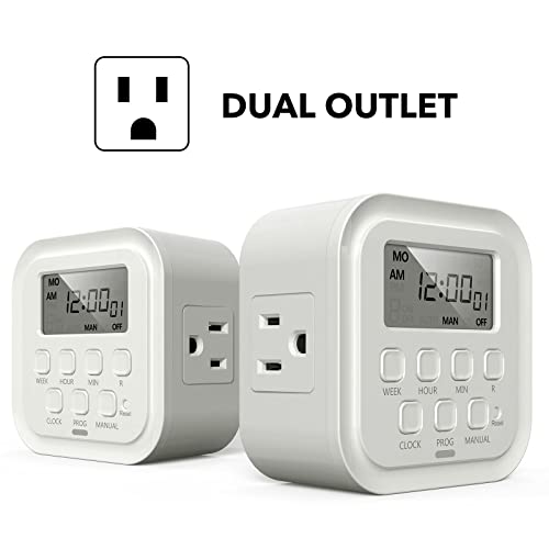 Hbn 7 Day Heavy Duty Digital Timer, Dual Outlet, On/Off Programs 3-Prong Programmable Timer, Indoor, For Lamp, Light, Fan, Pets, Home, Kitchen, Office, Appliances, 125V, 15A, 1875W, 60Hz #TOP1