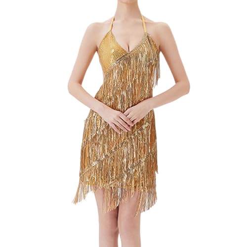 Vestido de Fiesta Gatsby Mujer Cuello Alto Mangas Cortas Vestido de Lentejuelas Charleston Borde de Flecos Detalles de Perlas Carnaval Vestido de Fiesta Elegante Evento Noche Formal Atuendo de Baile