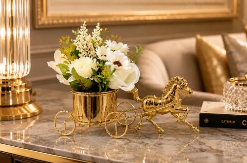 Image of Divyakosh Artificial Flower Vase, Golden Horse Chariot with Pre Fixed Flowers, Showpiece | Home Decoration Item for Living Room| Gift Items, Aesthetic Home Decor, Vase for Home Decor'