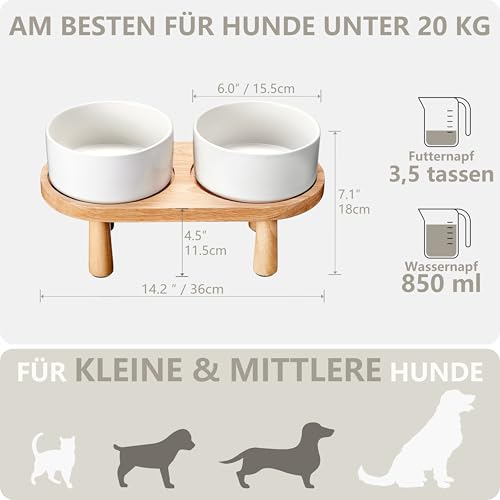 MOPANG Hundenapf Erhöht für Mittelgroße und Kleine Hund, 15 cm Hundenapf Keramik mit Holzständer, 850 ml*2, ElfenbeinWeiß