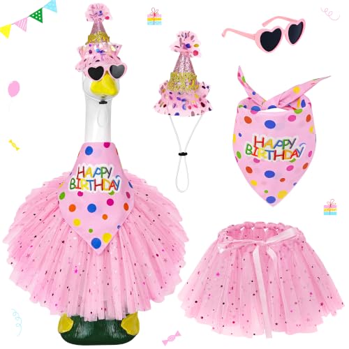 Ueyben Porch Goose Birthday Outfit Happy Birthday Goose Outfit Lawn Geese Clothes for 17/23 Cement Geese Statue for Patio (Pink)