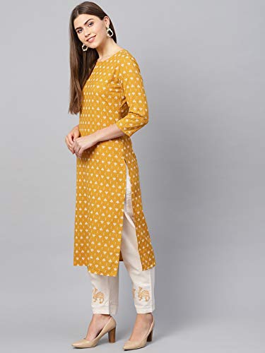Image of YUFTA Women's Mustard Yellow & Off-White Block Print Kurta with Trousers