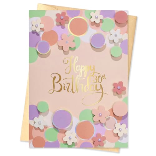 BIOBROWN 30th Birthday Card - 30th Birthday Card for Her, Cute Elegant Greeting with 3D Floral Design and Gold Foil Details, 30 Celebration Gift for Daughter, Sister, Friend